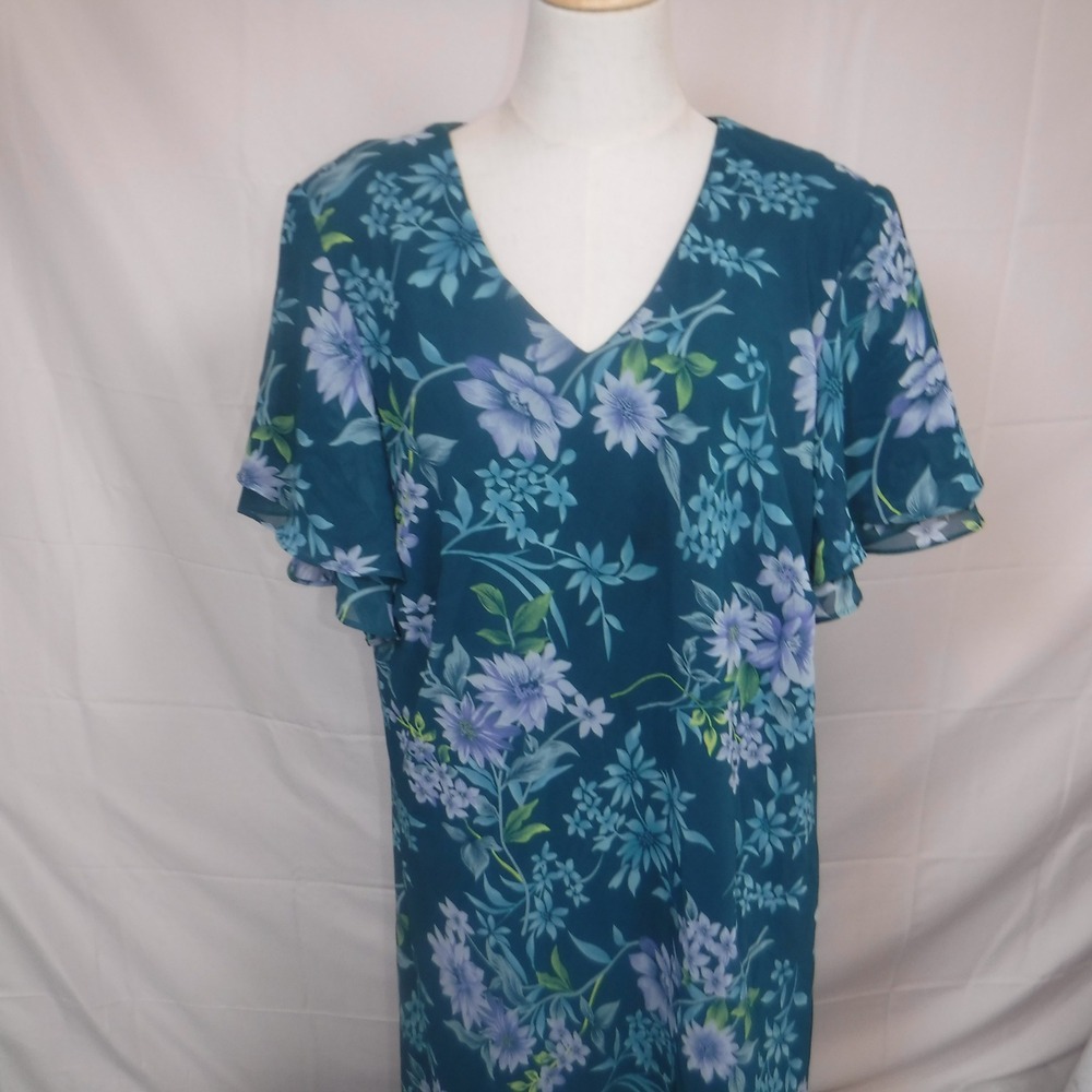 Anthony Richards Teal Floral Chiffon Midi Dress Flutter Sleeve V-Neck 22W - Picture 11 of 11